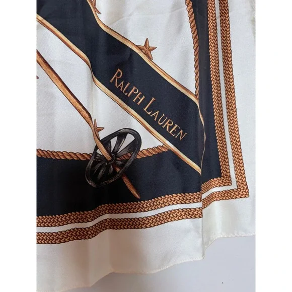 Ralph Lauren Silk Scarf Cream Black Gold Crest Ski Poles Lions Made in Italy 34" - Picture 4 of 4